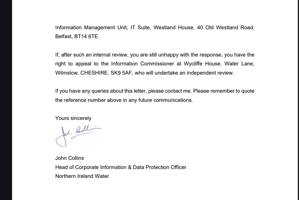 Northern Ireland Water residential planning FOI response page 3