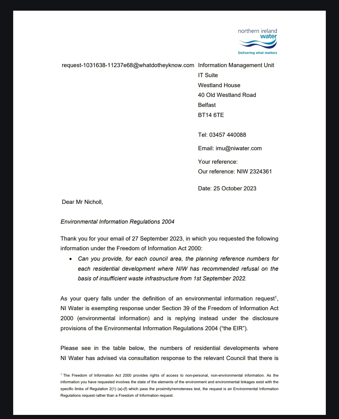 Northern Ireland Water residential planning FOI response page 1