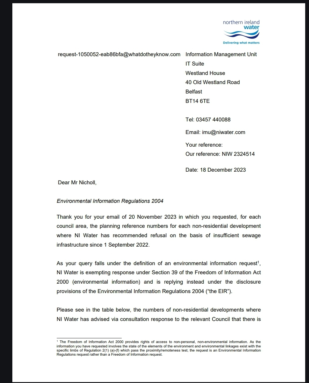Northern Ireland Water non-residential planning FOI response page 1