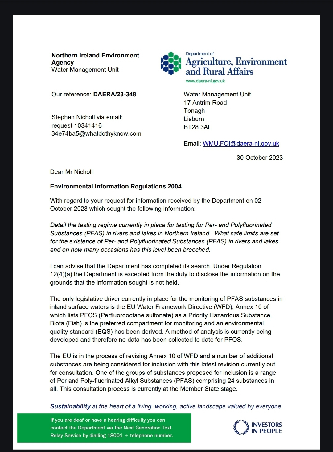 DAERA PFAS environmental information response page 1