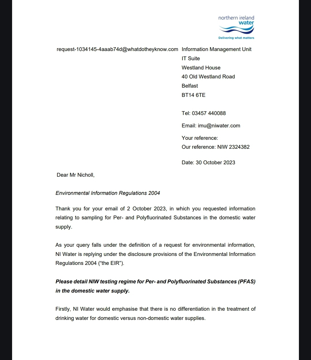 Northern Ireland Water PFAS response page 1